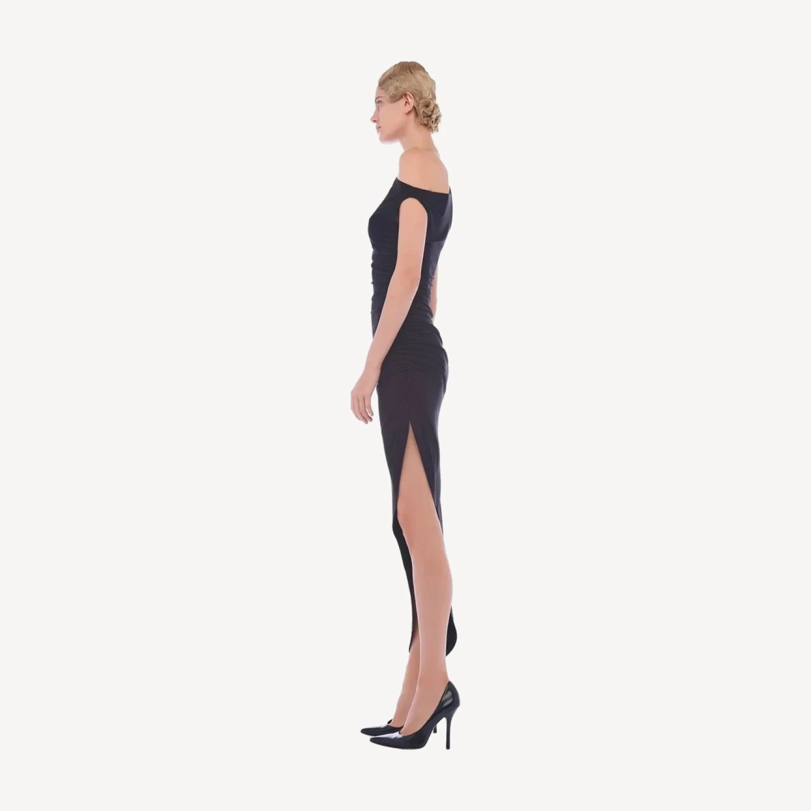 DROP SHOULDER SIDE DRAPE GOWN
