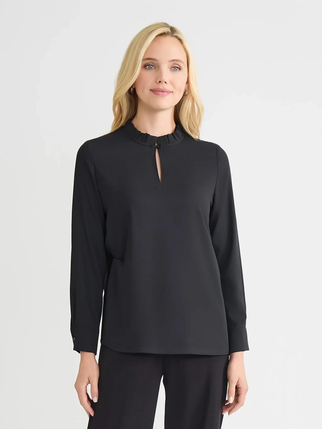 Keyhole Ruffle Neck Crepe de Chine Blouse - True Fit