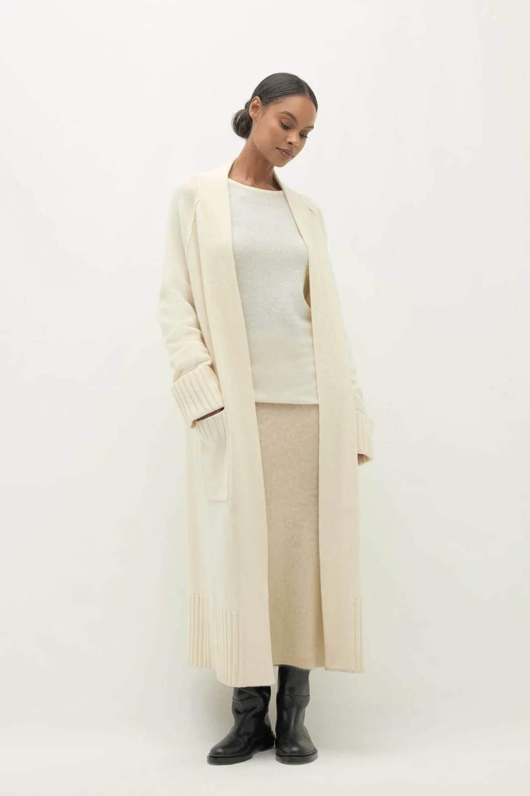 TILYN LONGLINE CASHMERE CARDIGAN - ECRU