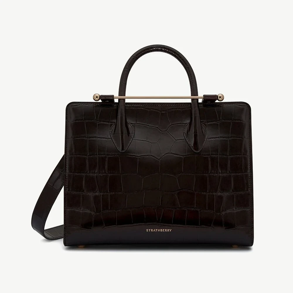 Midi Tote - Croc-Embossed Leather Mahogany