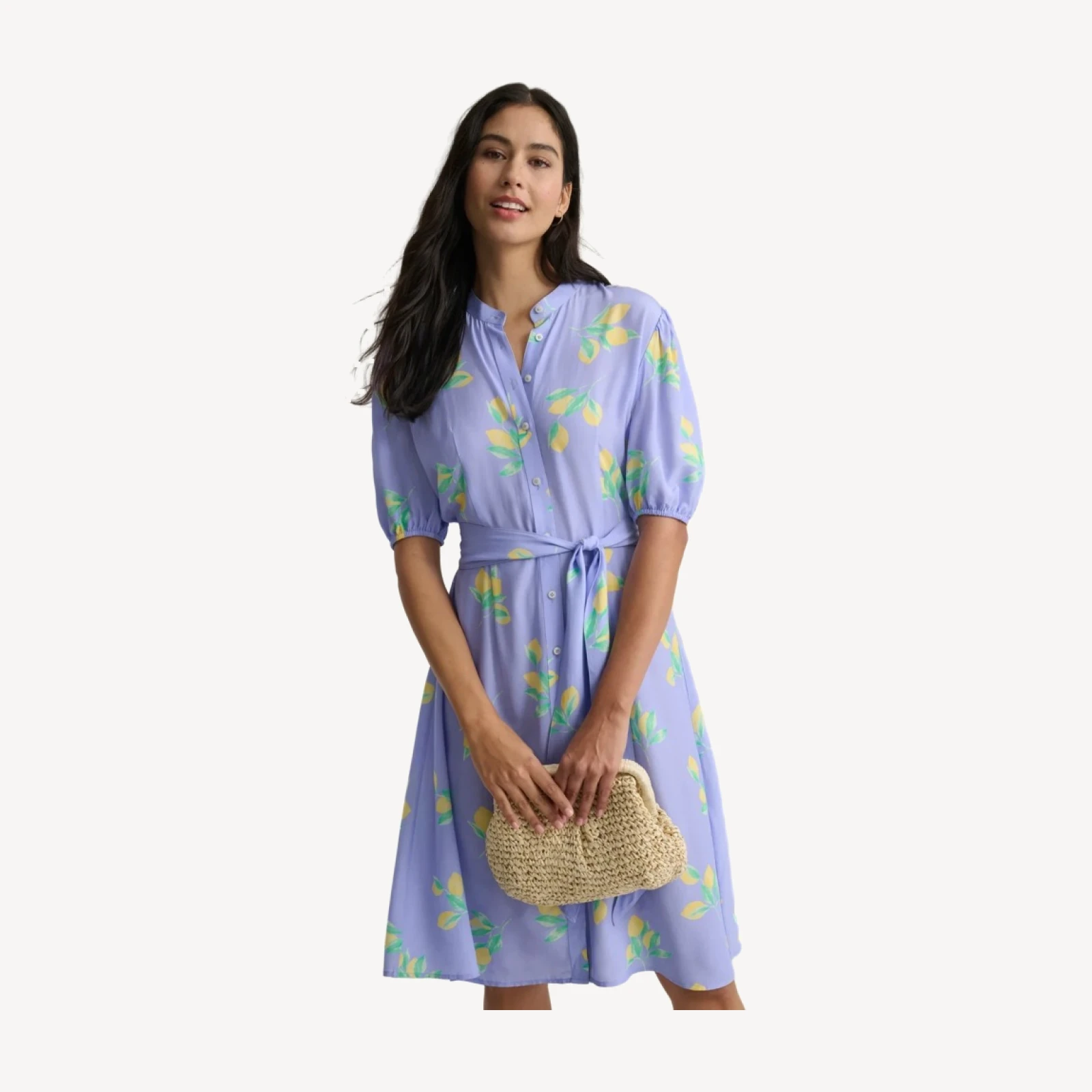 Short-Sleeve Lemon Print Midi Alix Dress