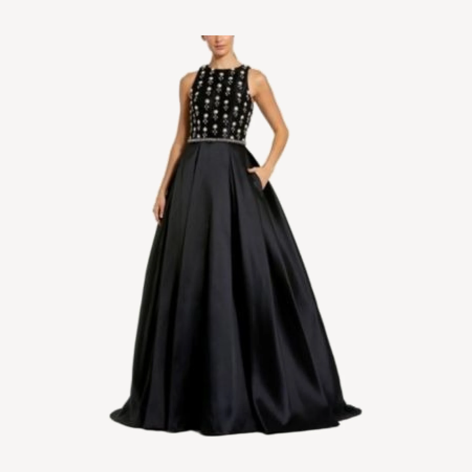 Mac Duggal High Neck Sleeveless Beaded Rhinestone Trimmed Waist Ball Gown