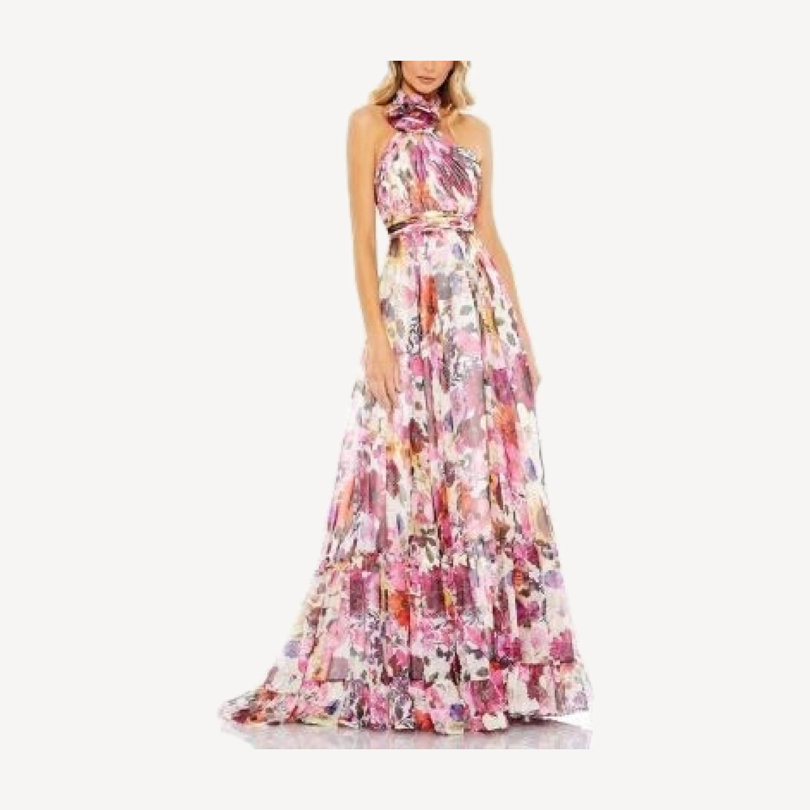 Mac Duggal Asymmetrical Ruffled Halter Floral Gown