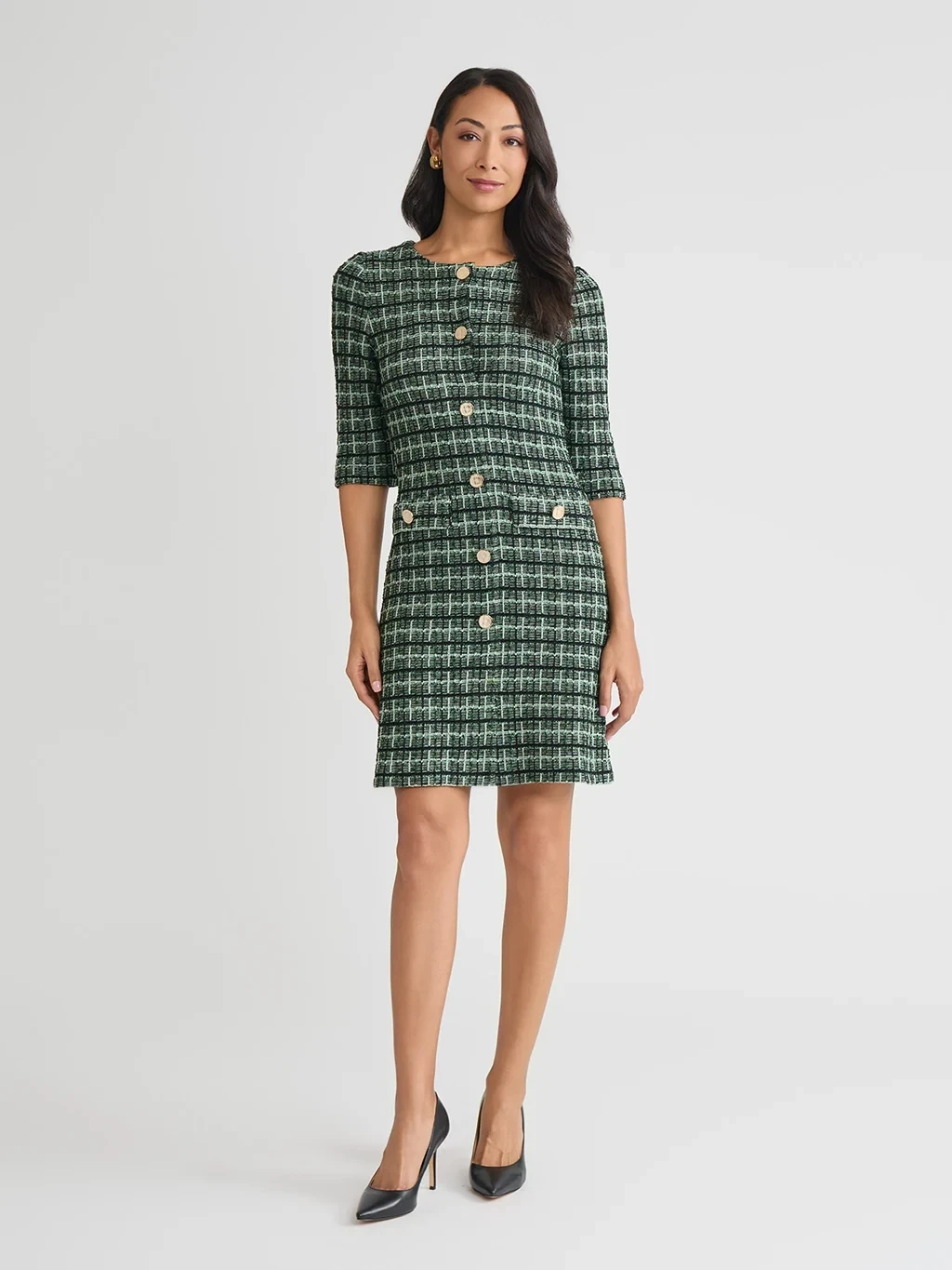 Plaid Multi-Stitch Knit Sheath Dress