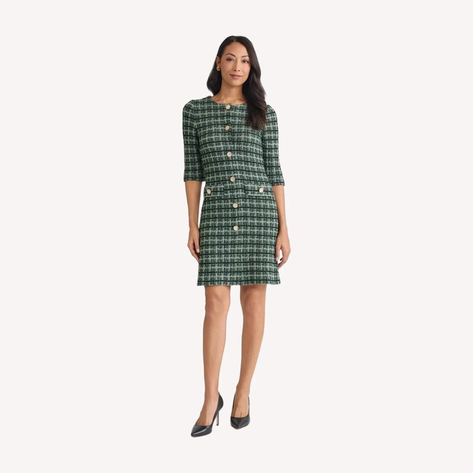 Plaid Multi-Stitch Knit Sheath Dress
