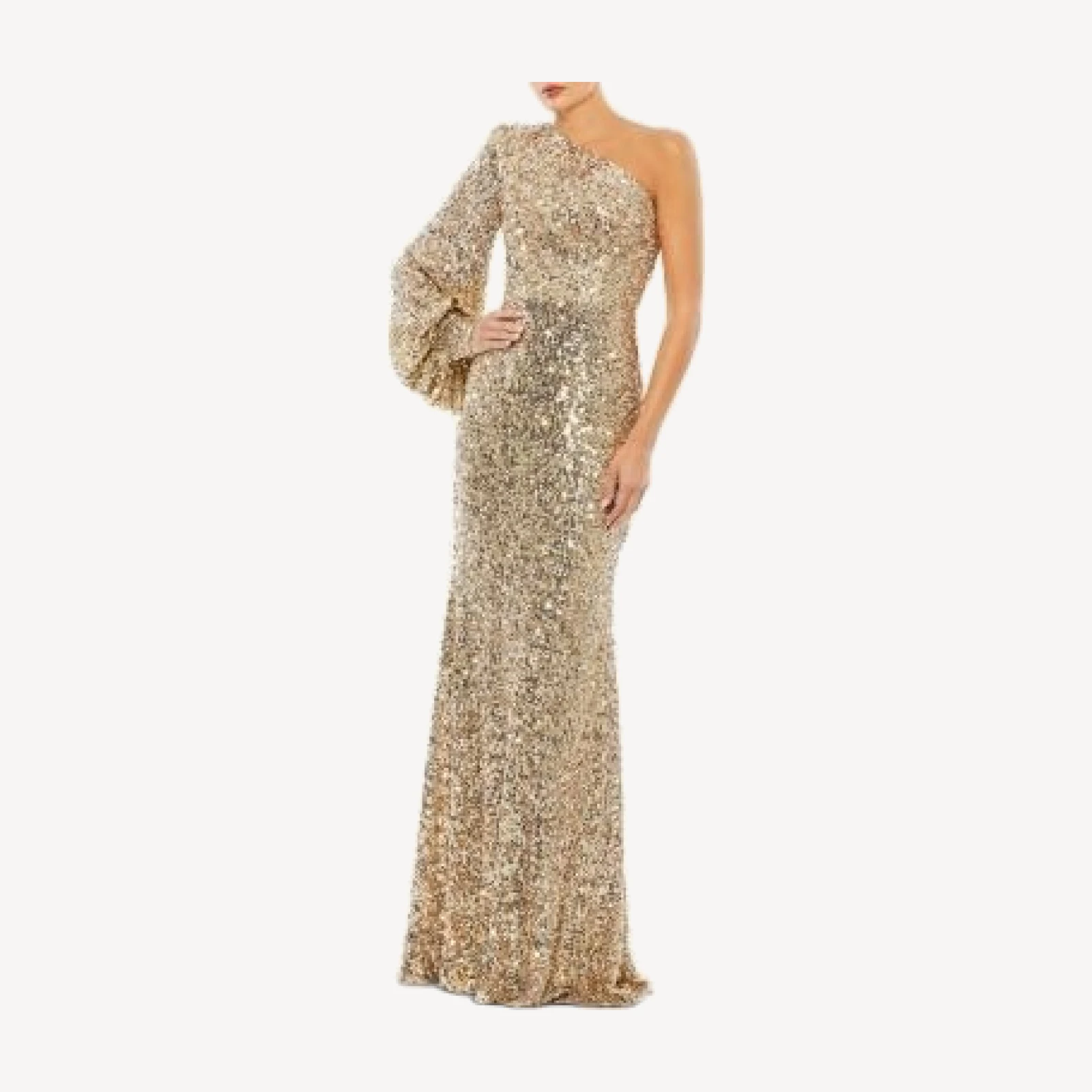 Mac Duggal Sequined One Shoulder Bishop Sleeve Trumpet Gown