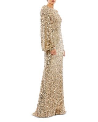 Mac Duggal Sequined One Shoulder Bishop Sleeve Trumpet Gown