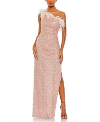 Mac Duggal Embellished One Shoulder Feathered Gown