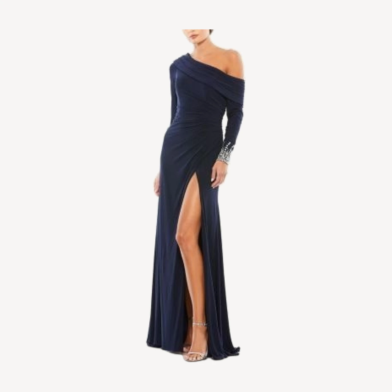 Mac Duggal Beaded Cuff Drop Shoulder Faux Wrap Gown
