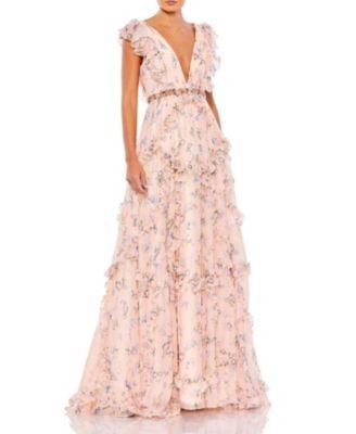 Mac Duggal Ruffled Floral Print Cap Sleeve Gown