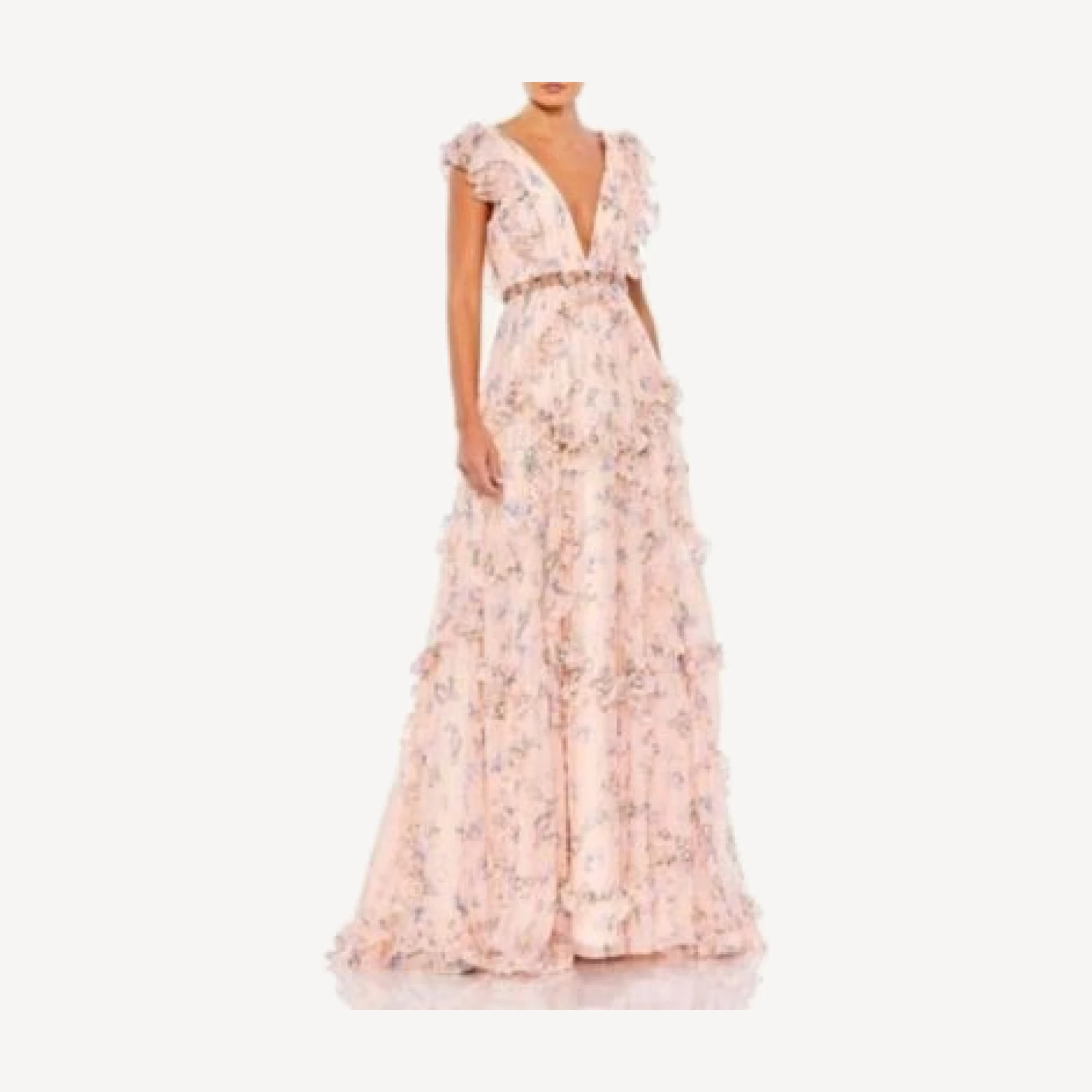 Mac Duggal Ruffled Floral Print Cap Sleeve Gown