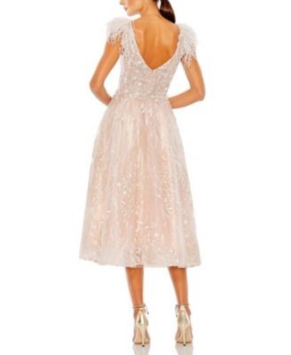 Mac Duggal Embroidered Sleeveless Feather Detail Midi Dress