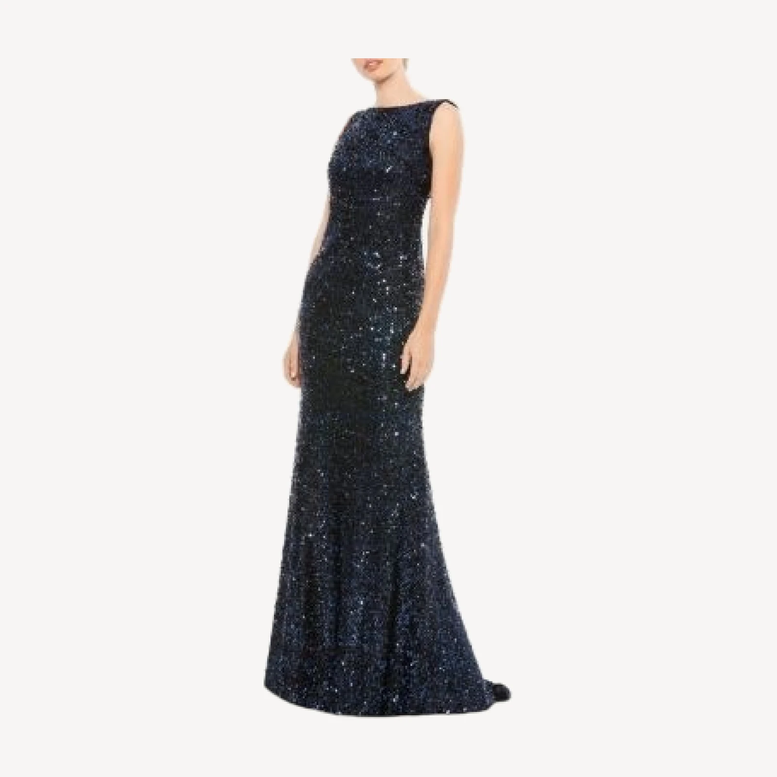 Mac Duggal Cowl Back Boat Neck Sequined Evening Gown