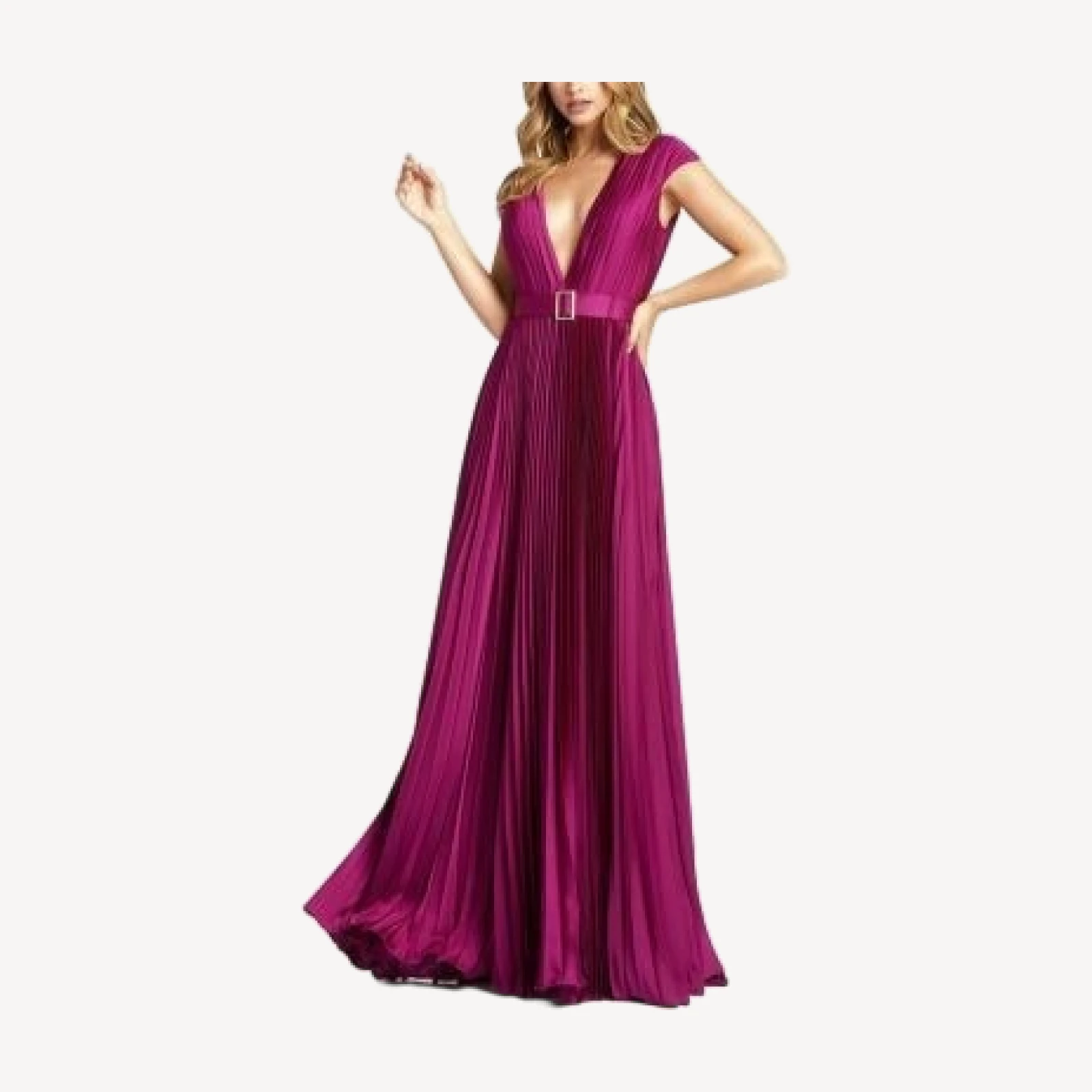 Mac Duggal Pleated Plunge Neck Belted Satin Gown