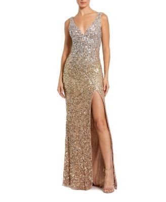 Mac Duggal Sequined Sleeveless V Neck Side Slit Gown