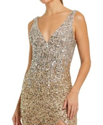 Mac Duggal Sequined Sleeveless V Neck Side Slit Gown