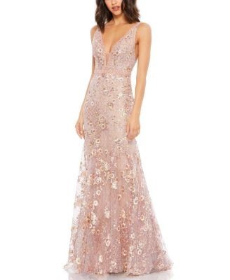 Mac Duggal Floral Embellished Sleeveless Plunge Neck Gown