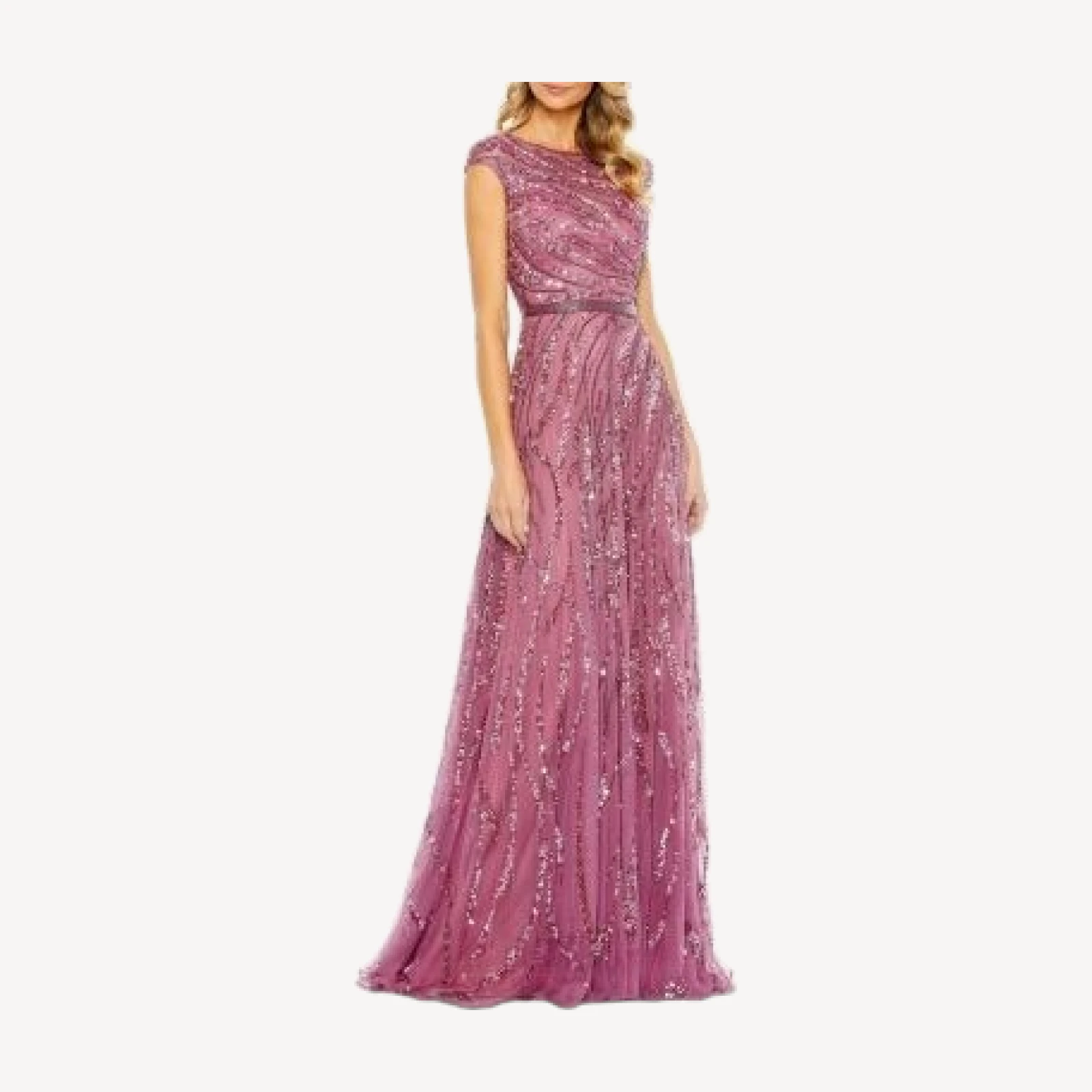 Mac Duggal Sequined Cap Sleeve Boat Neck Gown