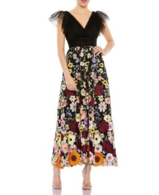 Mac Duggal Embroidered Ruched Flutter Sleeve A Line Dress