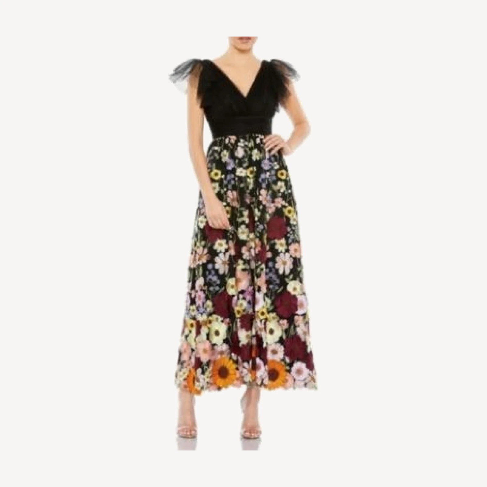 Mac Duggal Embroidered Ruched Flutter Sleeve A Line Dress