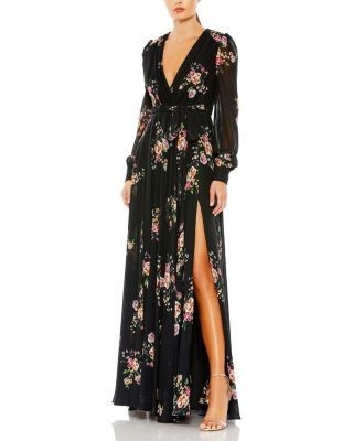 Mac Duggal Belted Floral Print Illusion Long Sleeve Gown