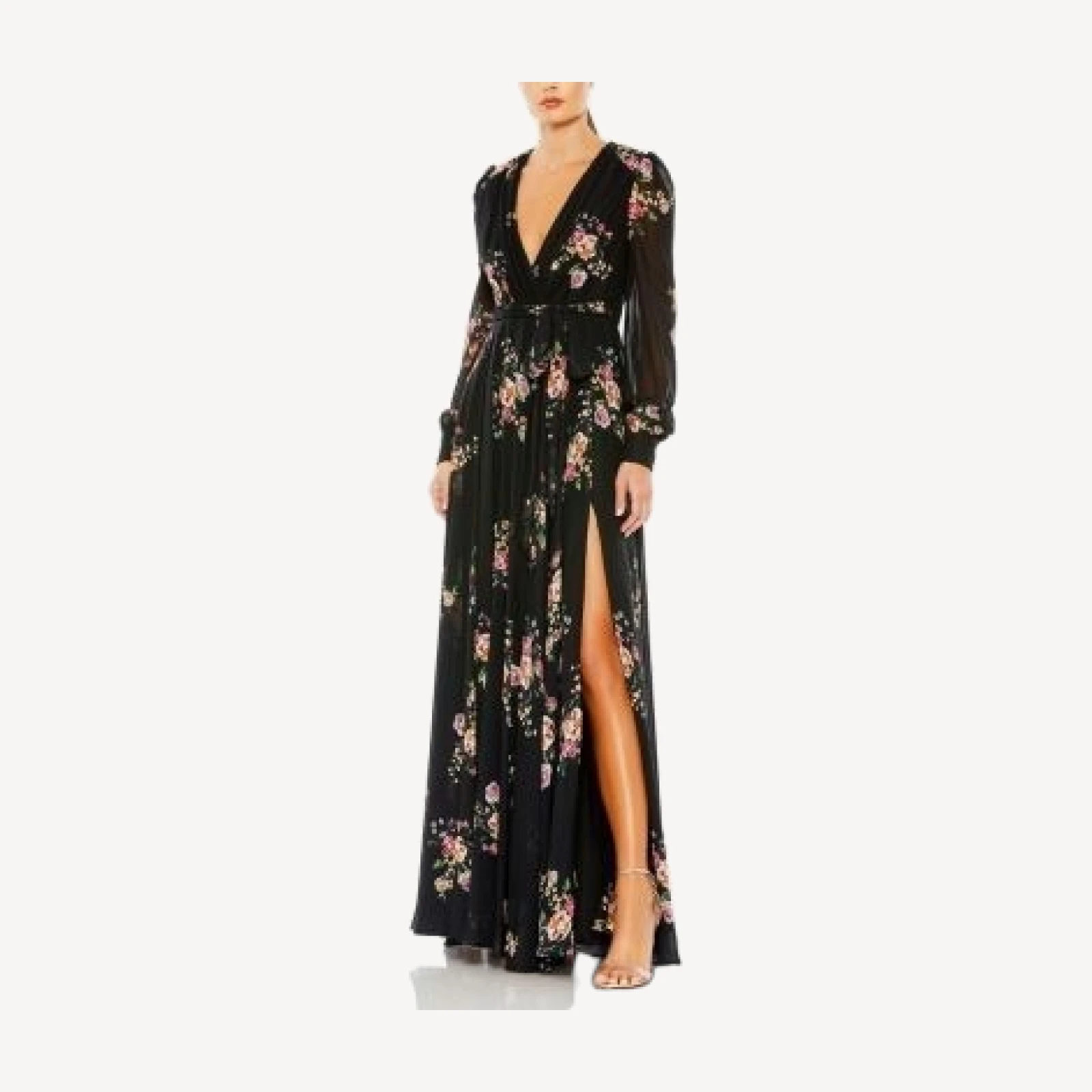 Mac Duggal Belted Floral Print Illusion Long Sleeve Gown
