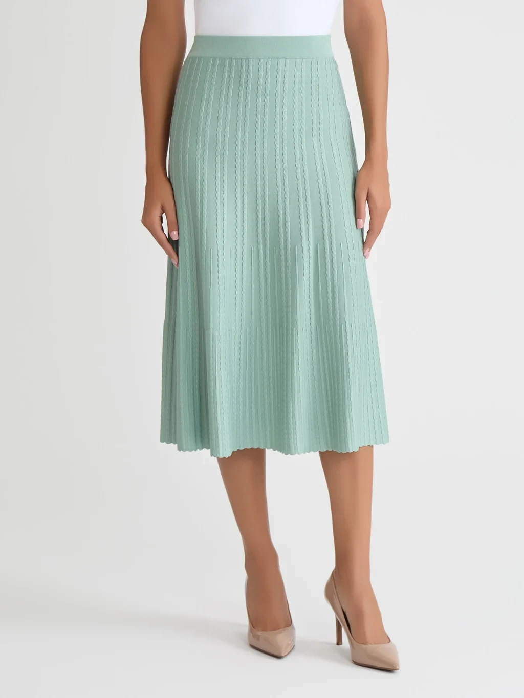 Lightweight A-Line Ribbed Knit Midi Skirt