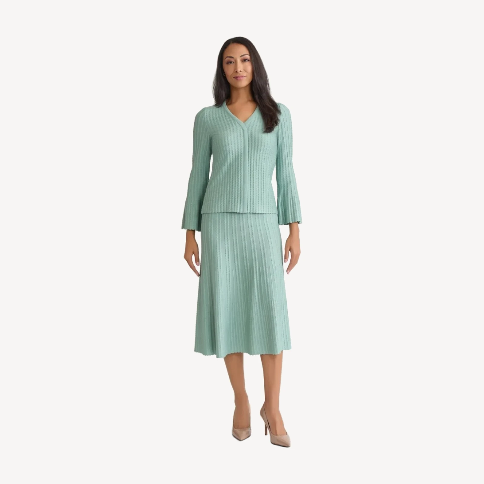 Scalloped Ribbed Knit Bell Sleeve Top