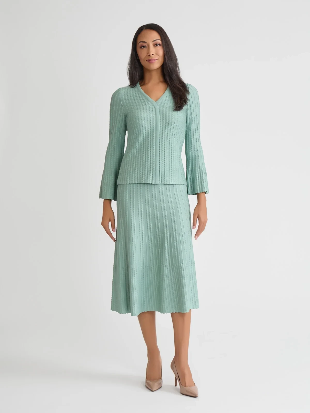 Scalloped Ribbed Knit Bell Sleeve Top