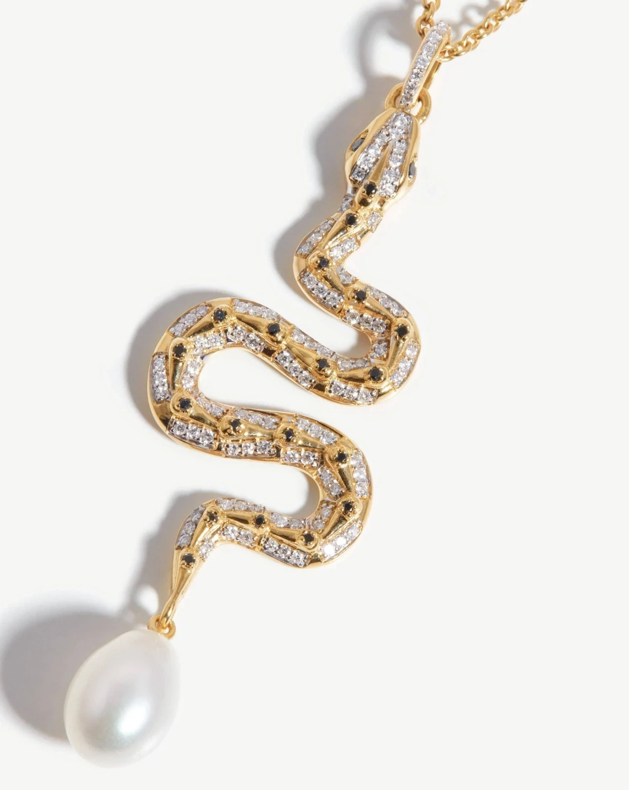 Harris Reed Solid Gold Serpent Necklace | 14ct Solid Gold/Pearl & Diamond