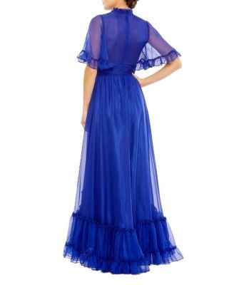 Mac Duggal High Neck Flutter Sleeve High Low Hem Gown