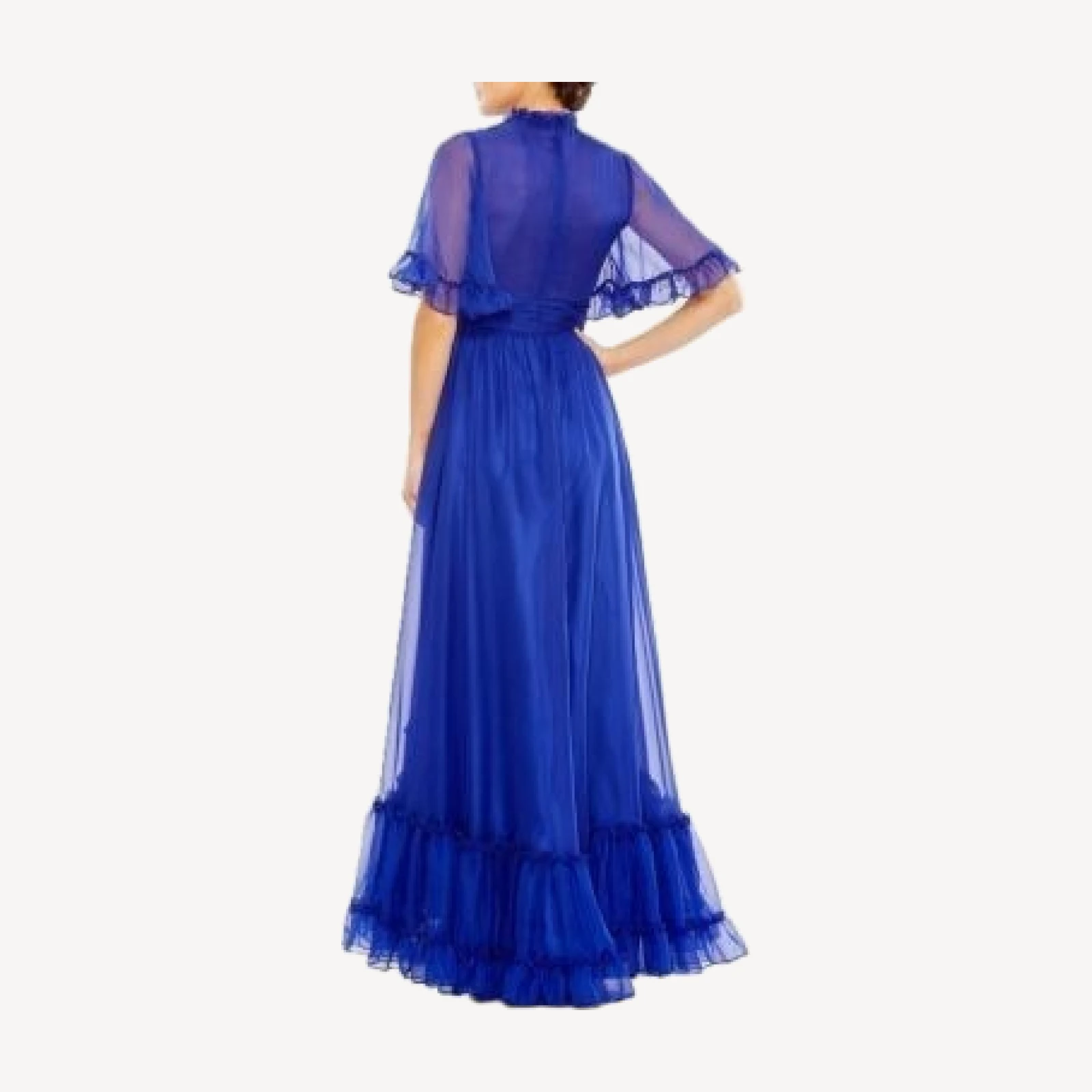 Mac Duggal High Neck Flutter Sleeve High Low Hem Gown