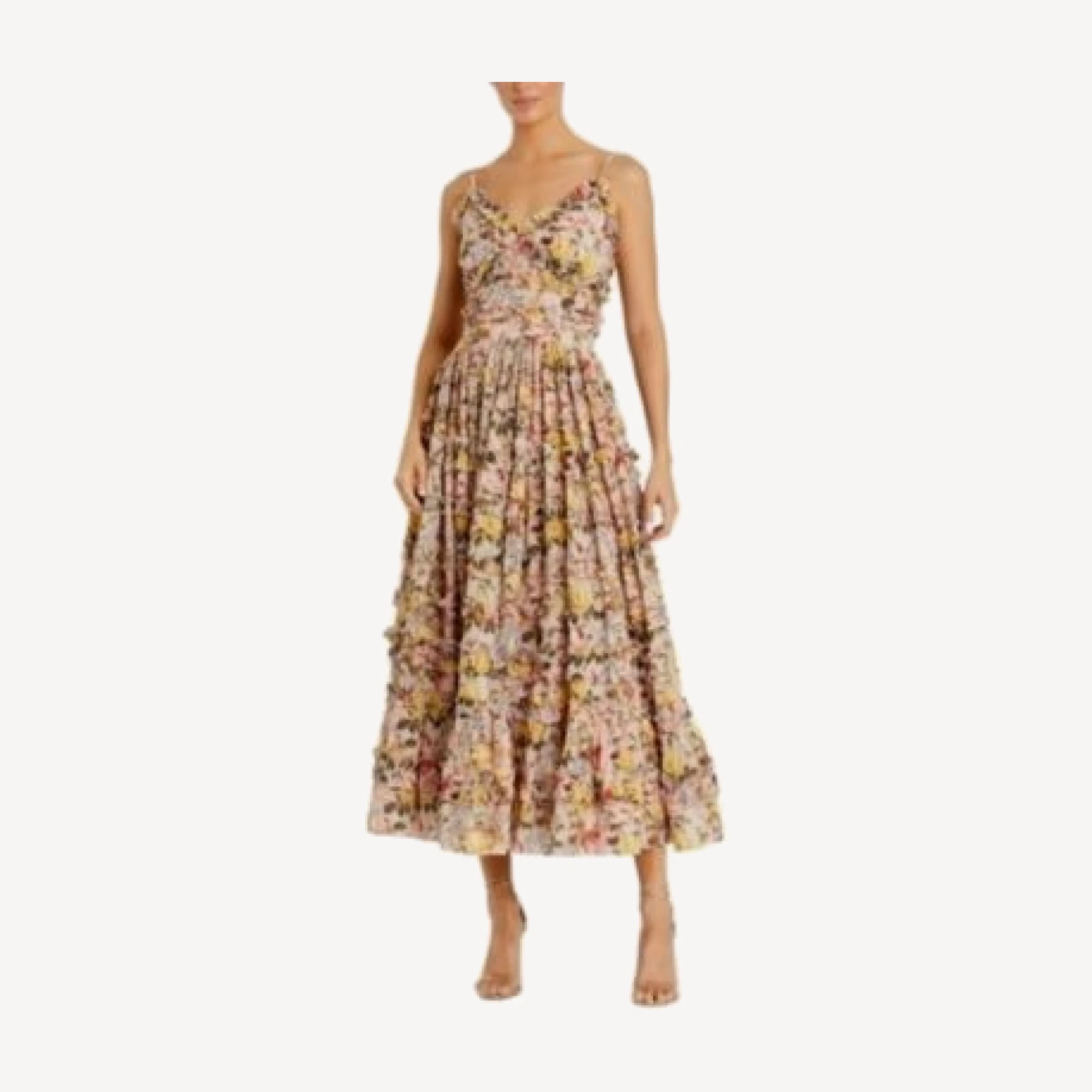 Mac Duggal Floral Print Ruffle Tiered Midi Dress