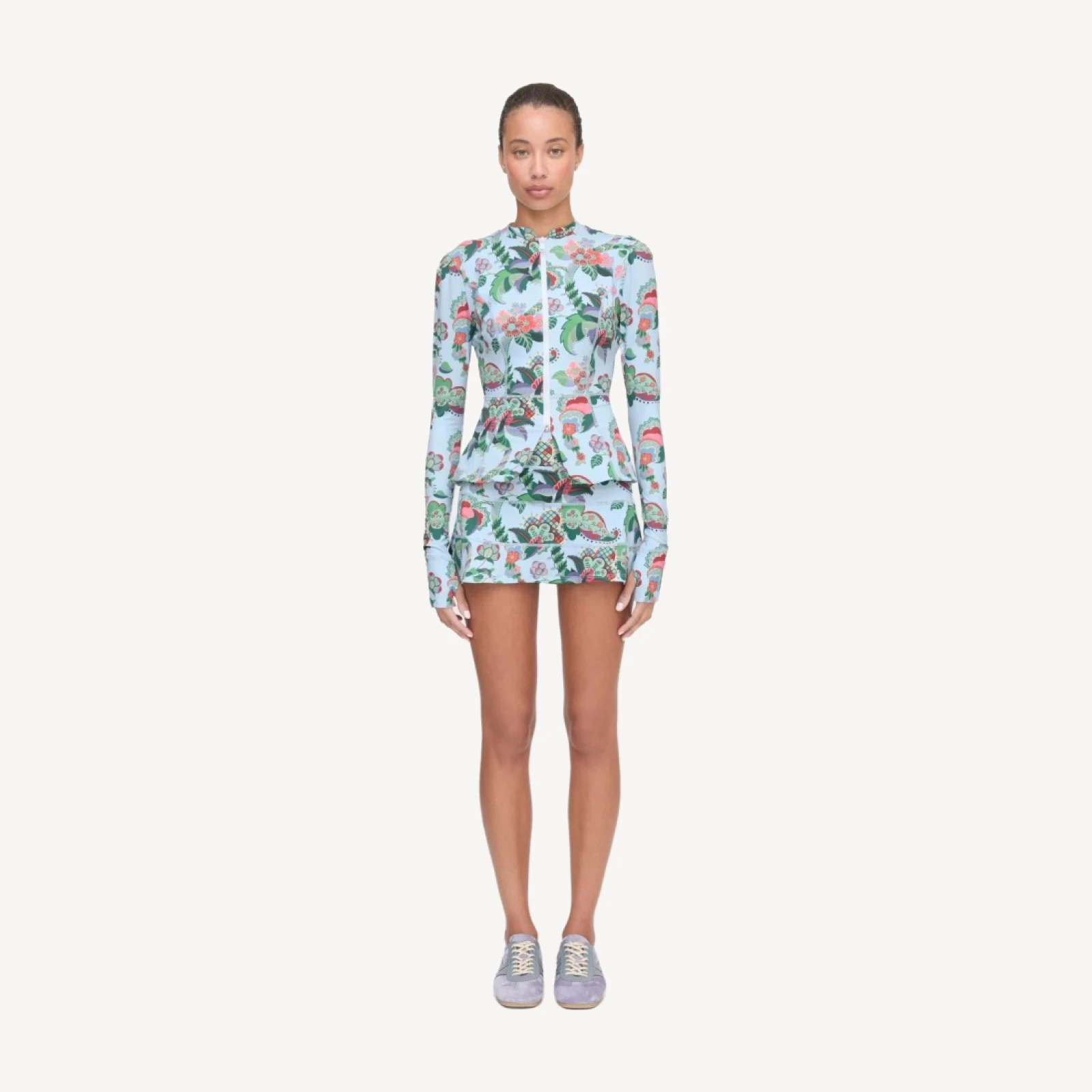 The Alexia Rashguard - Light Blue Jungle Floral