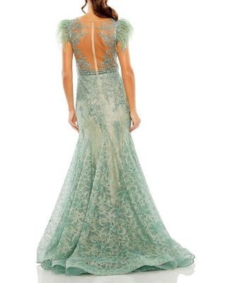 Mac Duggal Embellished Feather Cap Sleeve Illusion Neck Trumpet Gown