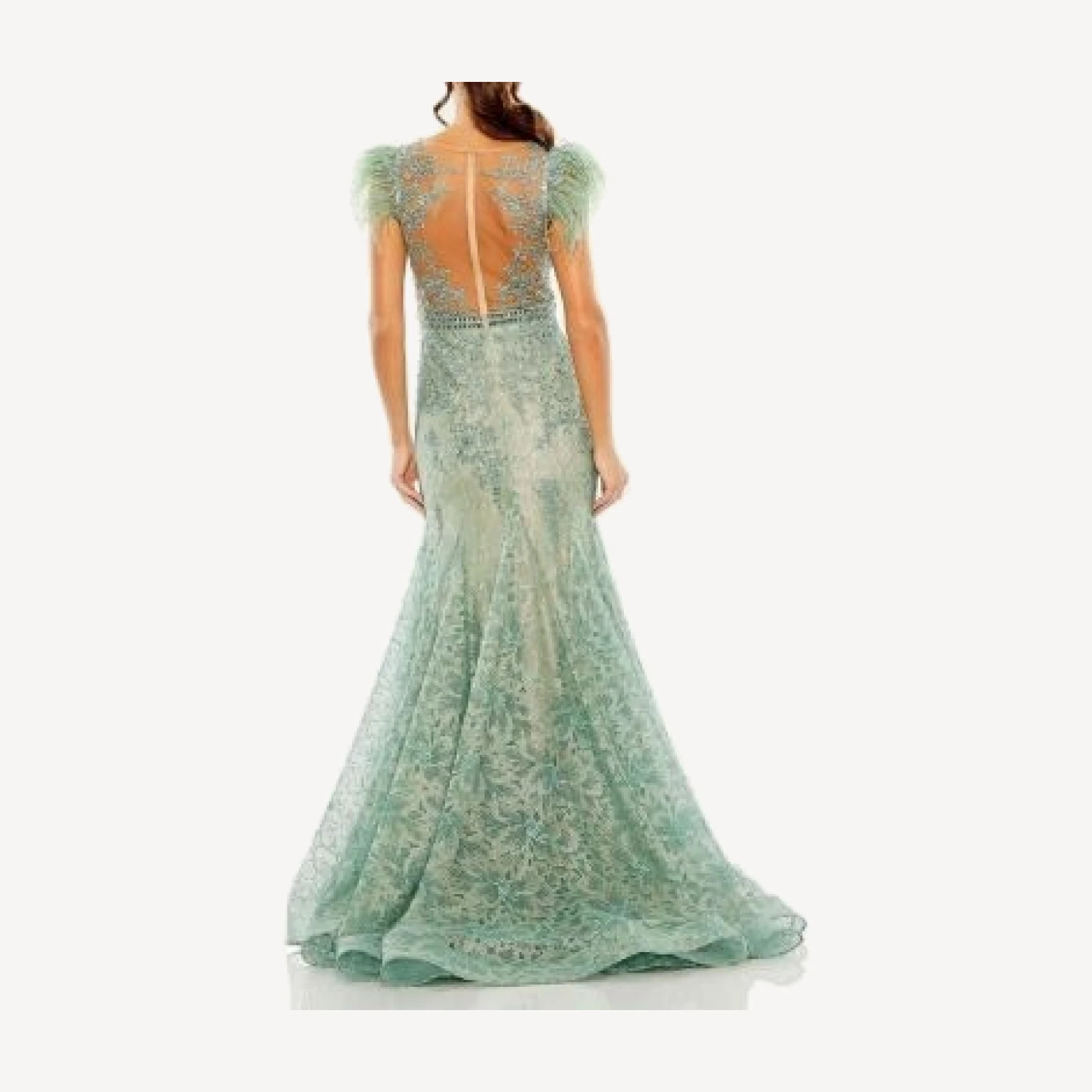 Mac Duggal Embellished Feather Cap Sleeve Illusion Neck Trumpet Gown