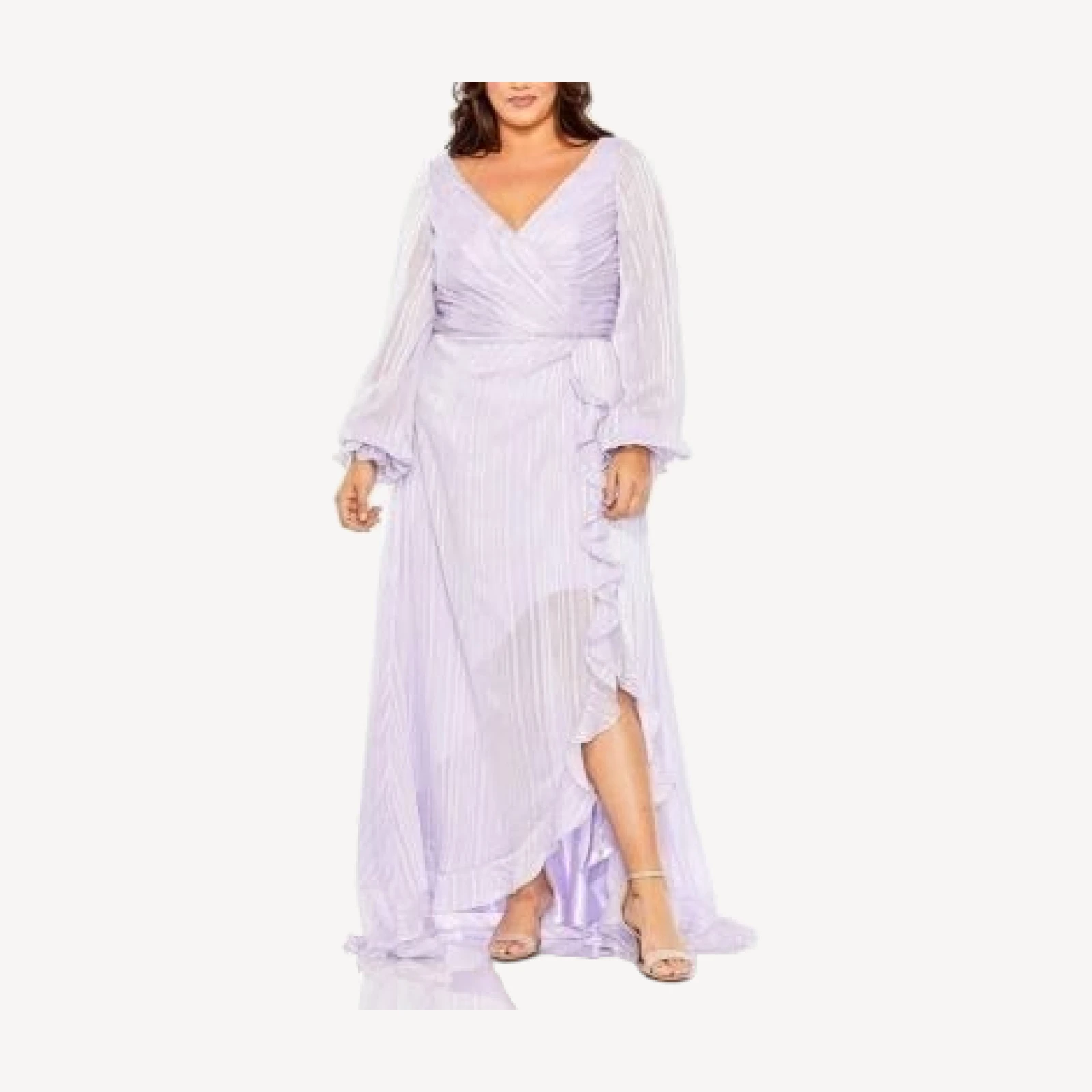 Mac Duggal Plus Striped Faux Wrap Bishop Sleeve Gown