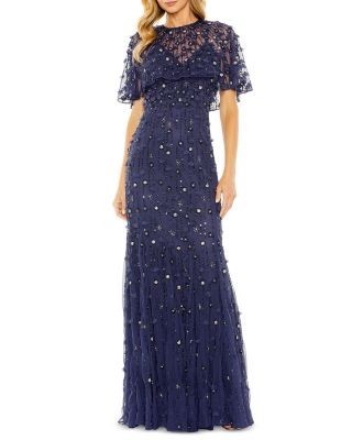 Mac Duggal Embellished Illusion Cape Sleeve Trumpet Gown