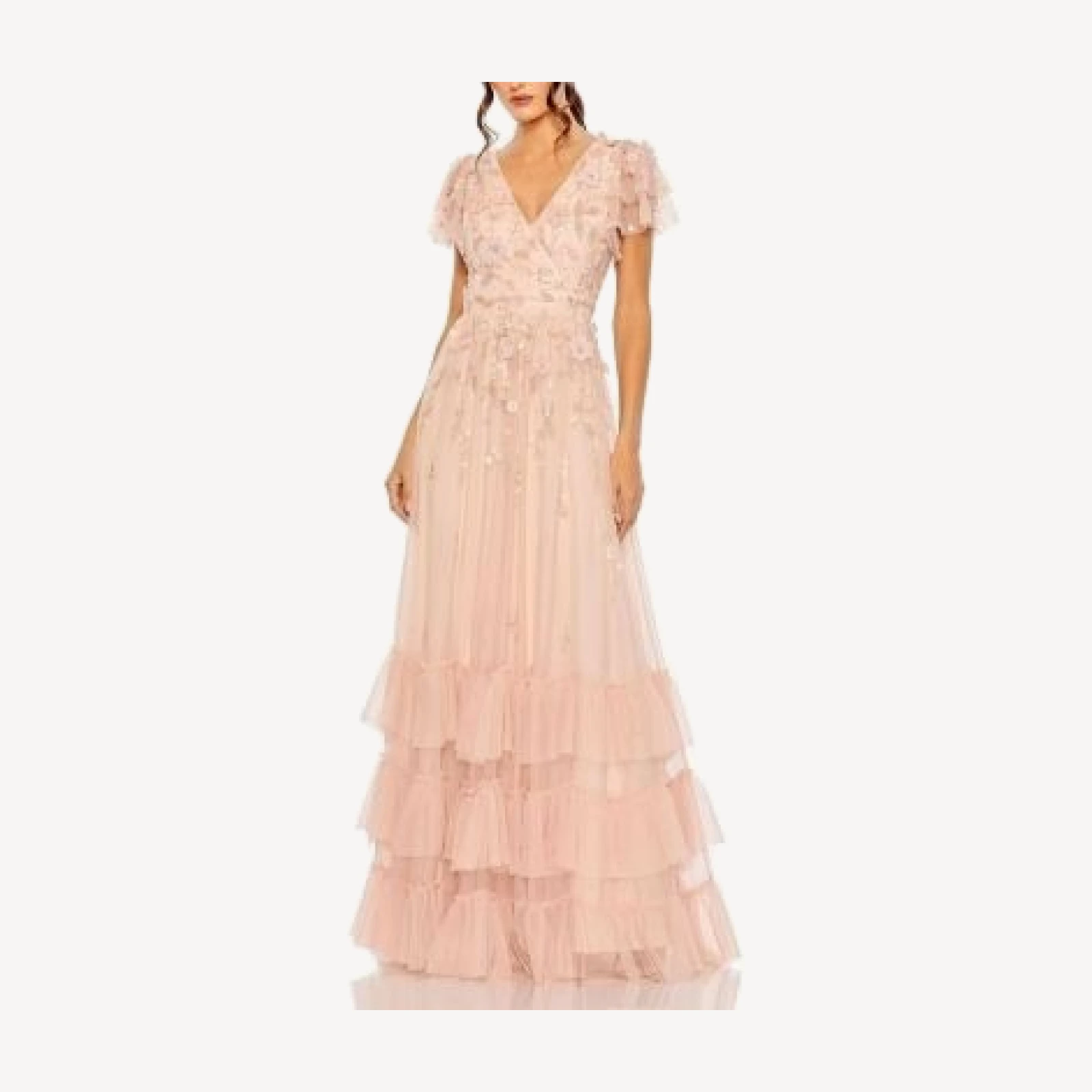 Mac Duggal Ruffle Tiered Embellished Faux Wrap Flutter Sleeve