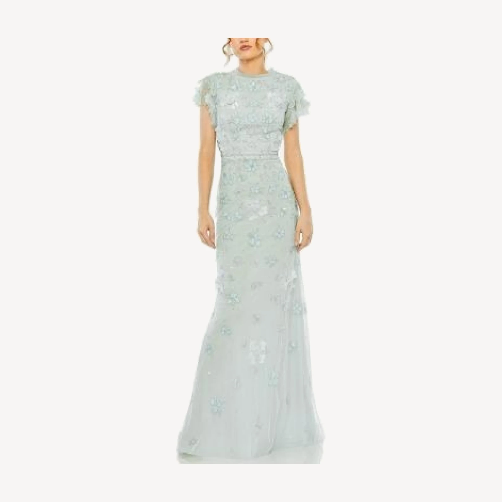Mac Duggal Floral Embellished High Neck Flutter Sleeve Gown