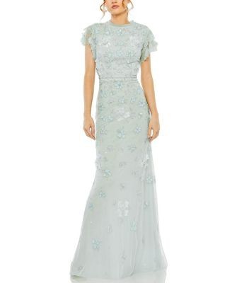 Mac Duggal Floral Embellished High Neck Flutter Sleeve Gown