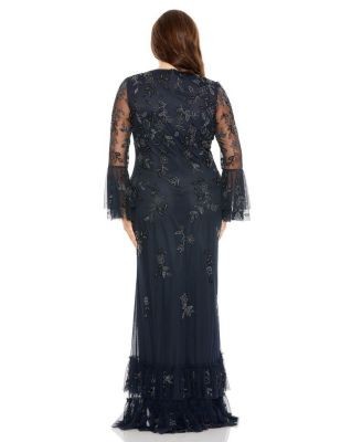 Mac Duggal Plus V Neck Embellished Flutter Tiered Long Sleeve Gown