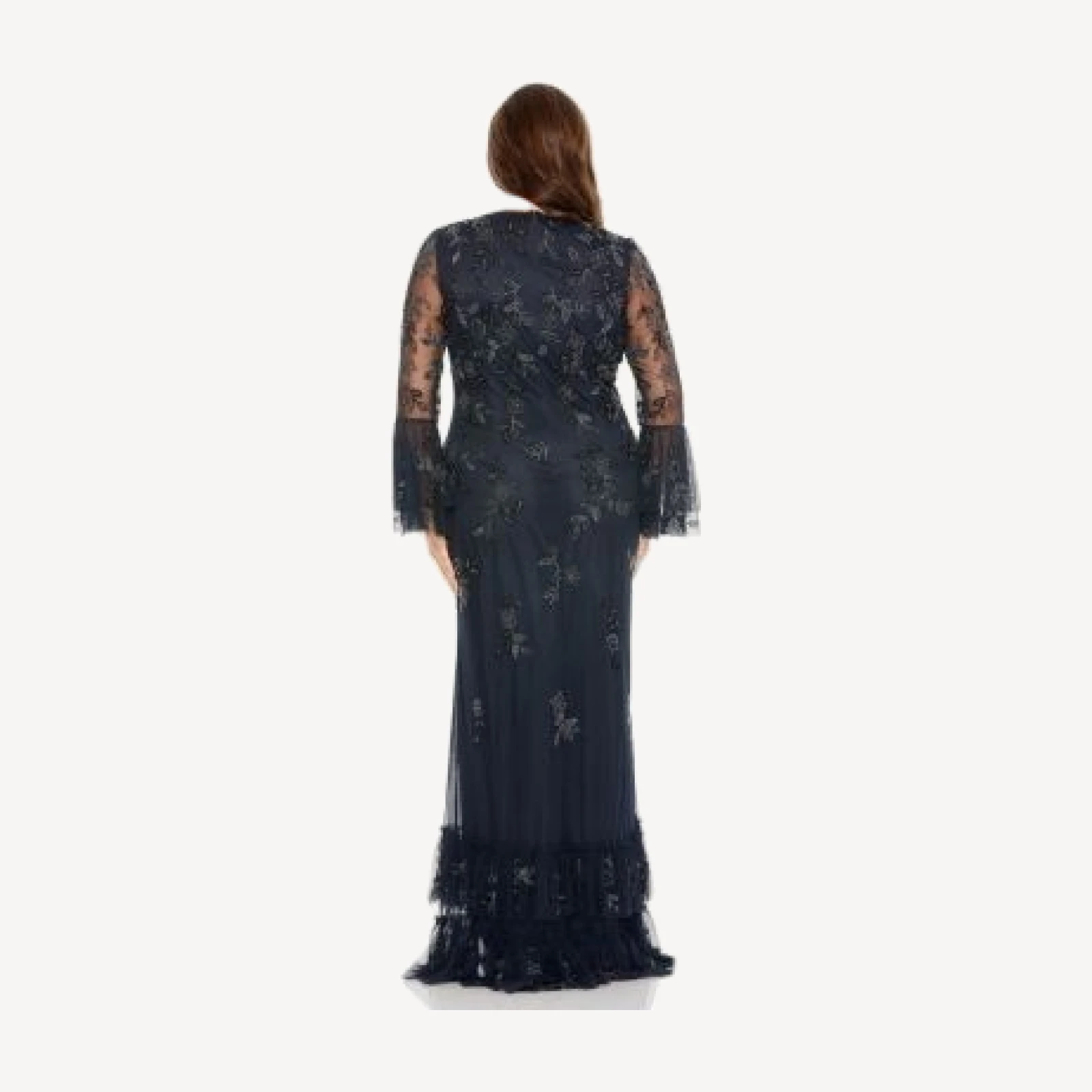 Mac Duggal Plus V Neck Embellished Flutter Tiered Long Sleeve Gown