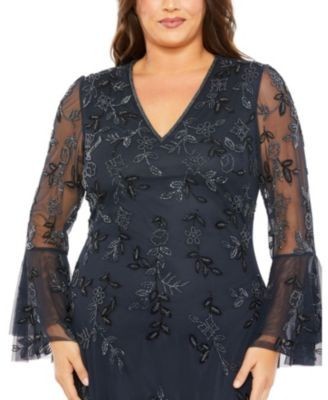 Mac Duggal Plus V Neck Embellished Flutter Tiered Long Sleeve Gown