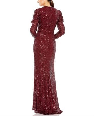 Mac Duggal Sequined High Neck Puff Long Sleeve Column Gown