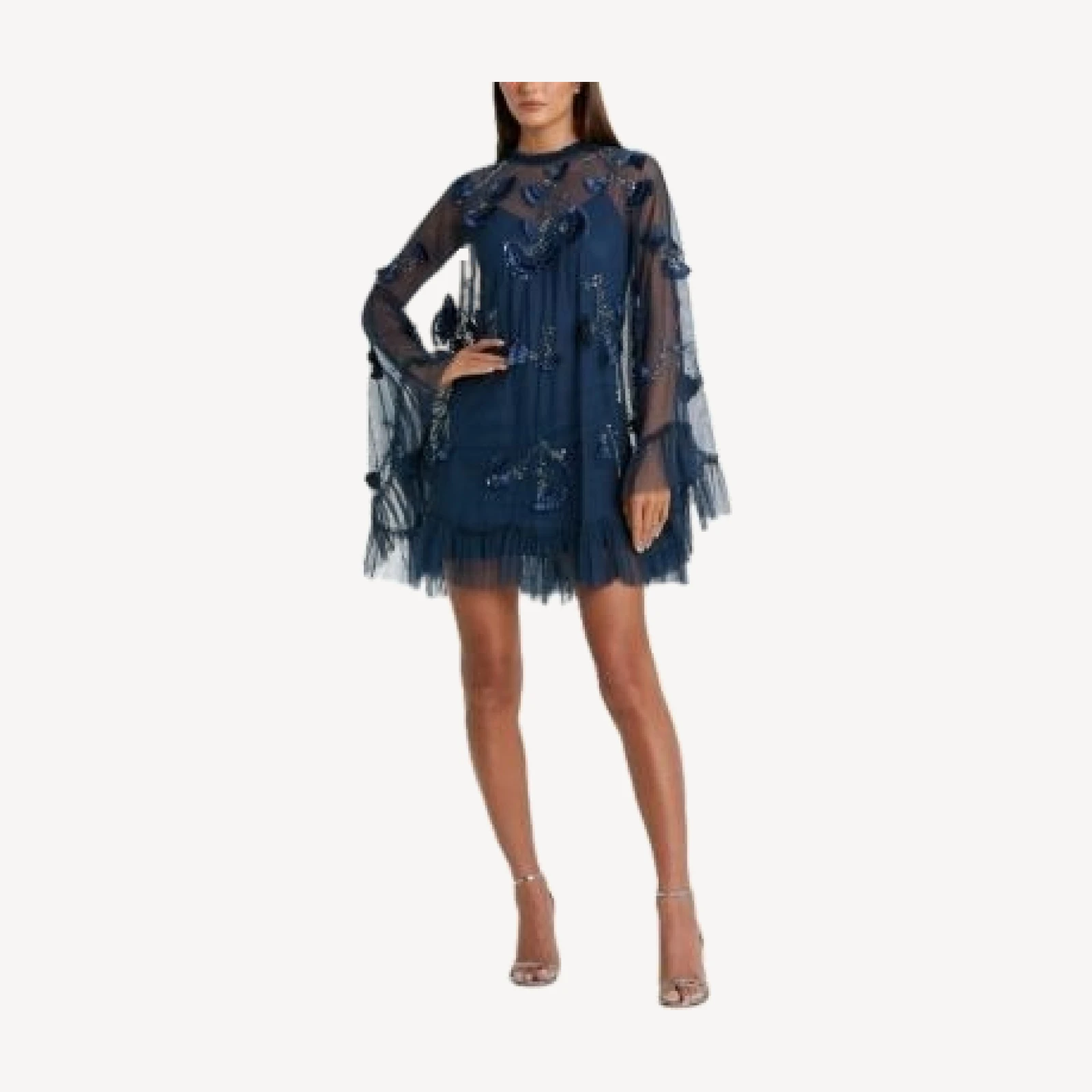 Mac Duggal Embellished Long Flare Sleeve Mesh A-Line Dress