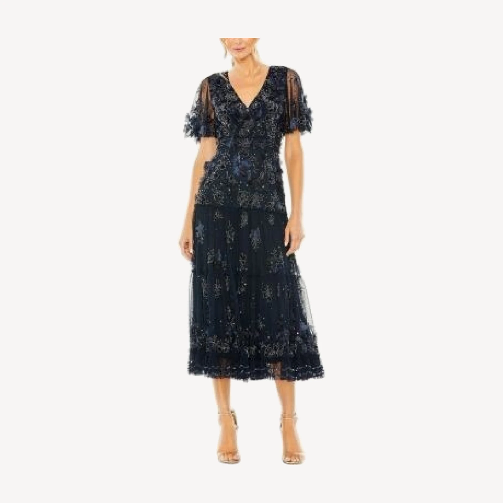 Mac Duggal Floral Embellished Flutter Sleeve Tiered Dress