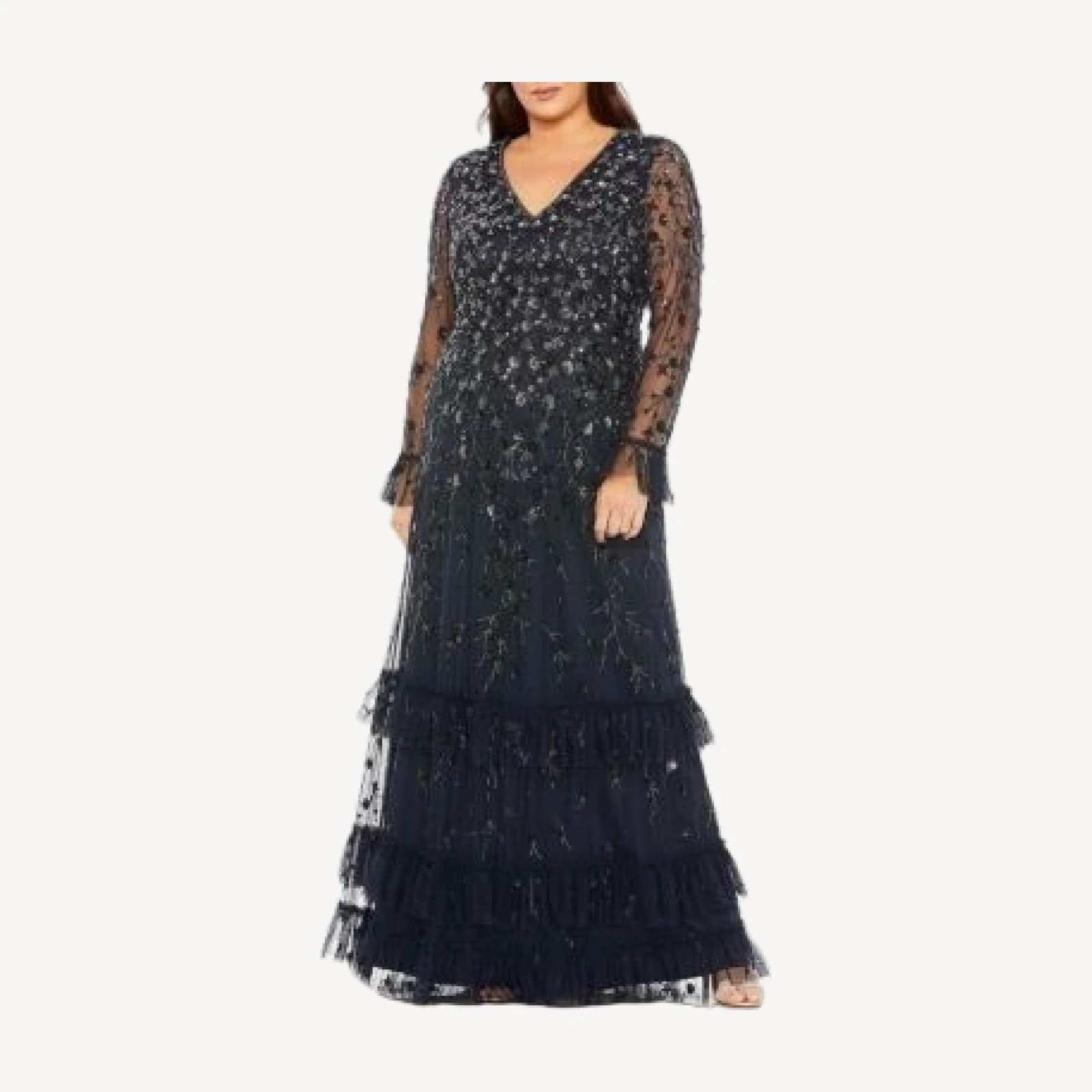 Mac Duggal Plus V- Neck Embellished Long Flutter Sleeve Gown