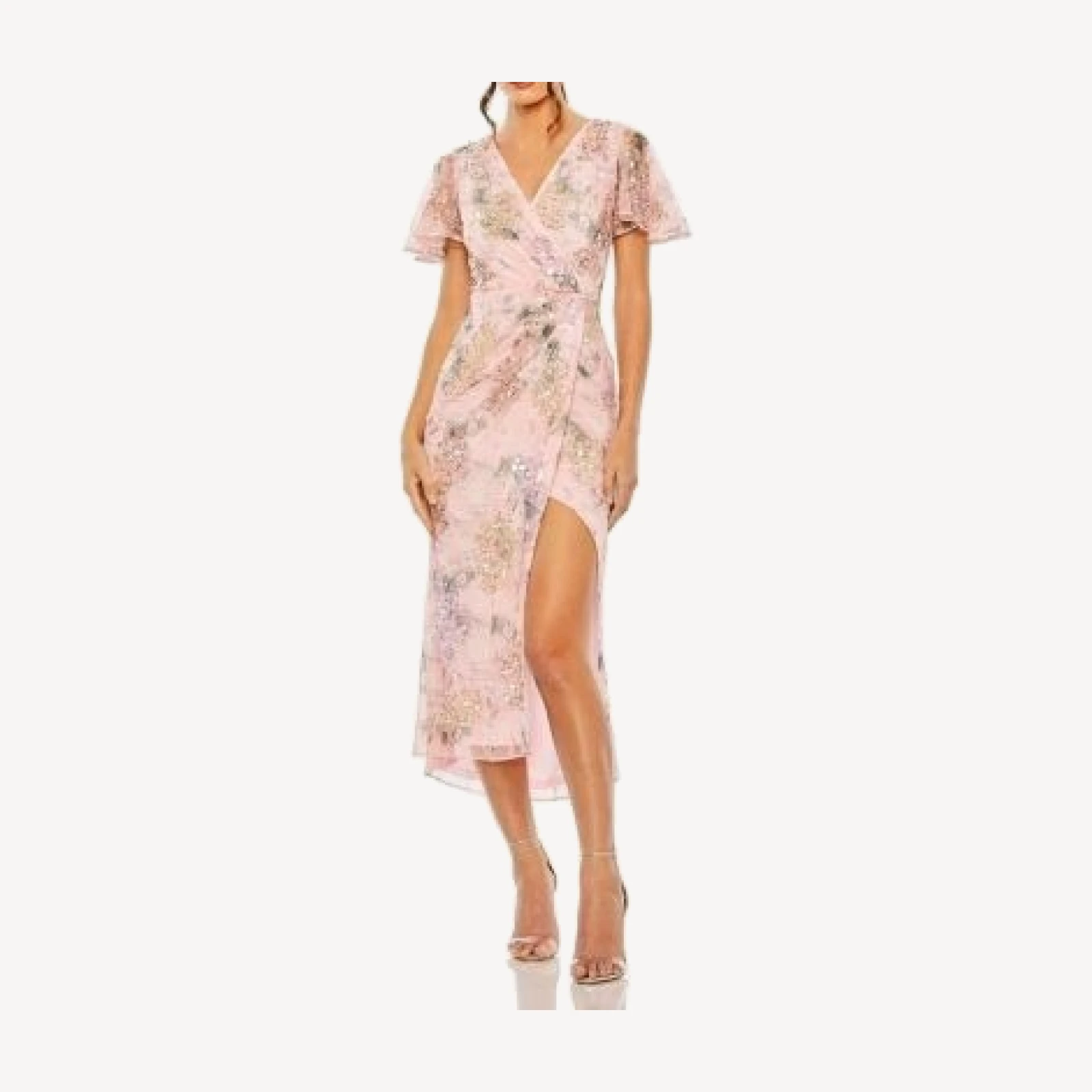 Mac Duggal Embellished Floral Flutter Sleeve Midi Dress