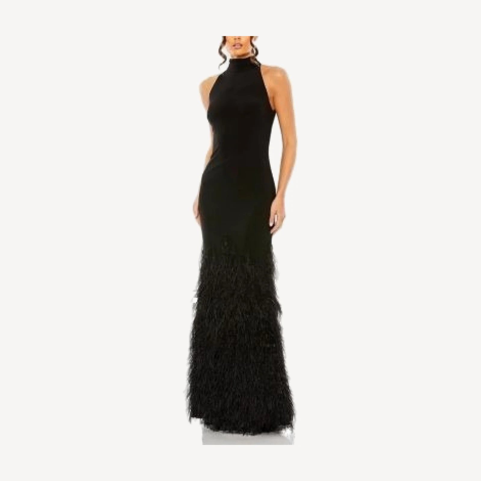 Mac Duggal Feather Tiered Detail Jersey Halter Gown